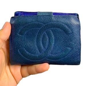 Authentic Chanel Blue Bifold Caviar Wallet with Date Code Card